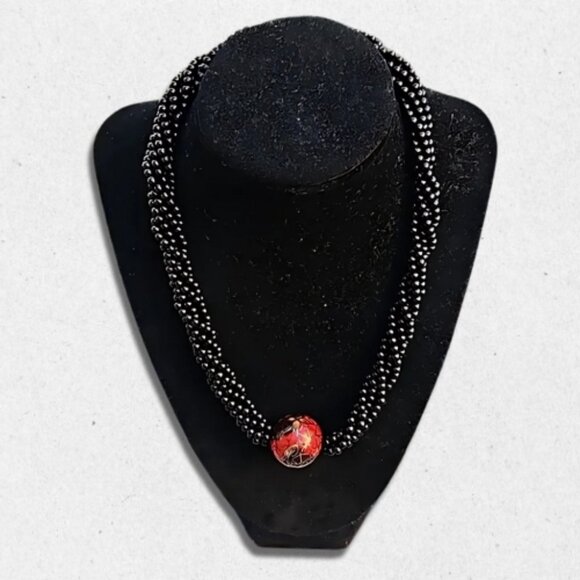 Glass Seed Beaded Necklace Cloisonné Ball Pendant Design Black/Red Women's OS - Picture 1 of 4